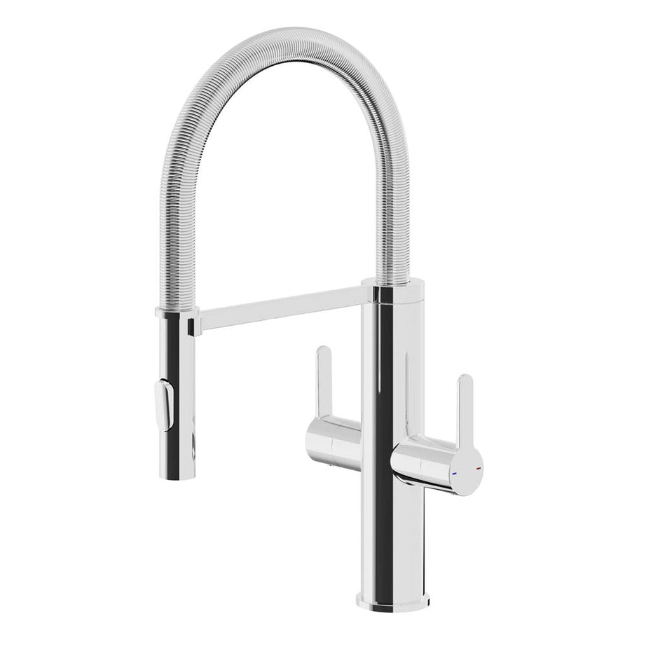 Kitchen Tap Mixer Chrome Dual Lever Swivel Spout Contemporary Spring Neck Faucet - Image 1