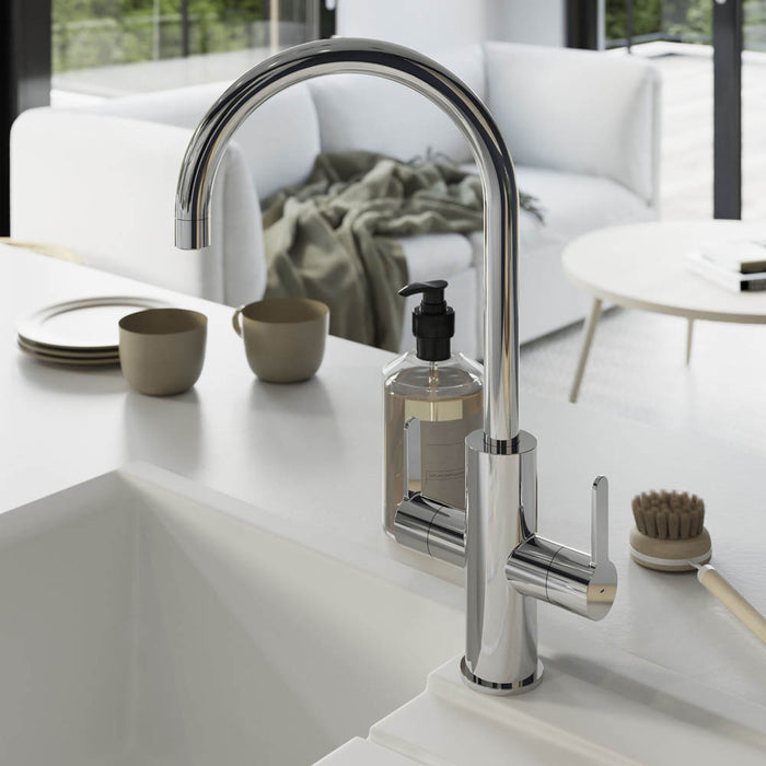 Kitchen Tap Dual Lever Gloss Chrome Swivel Spout Single Channel U Shape - Image 2