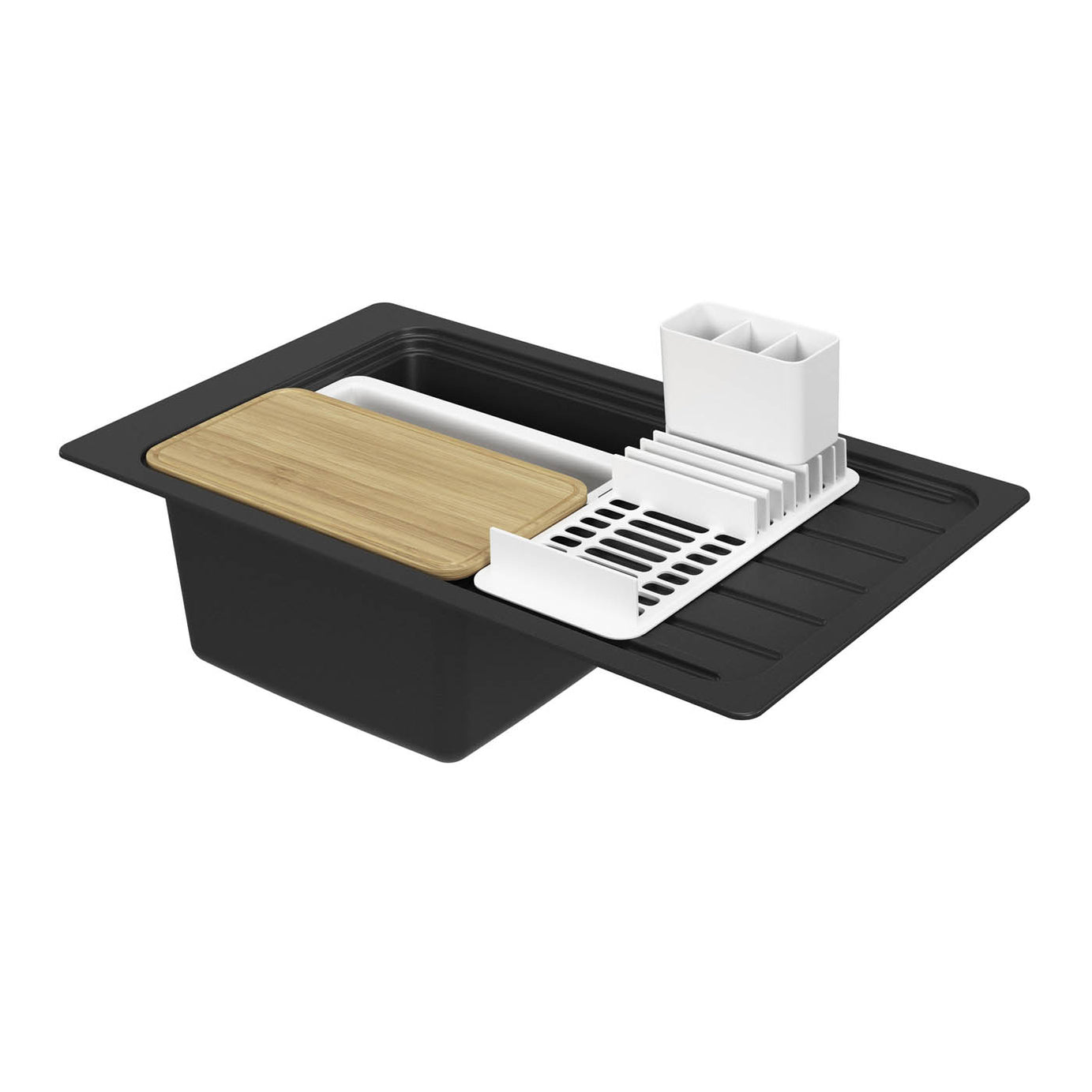 1 Bowl Kitchen Sink Set Black Matt Composite Quartz Reversible Larger Drainer - Image 1