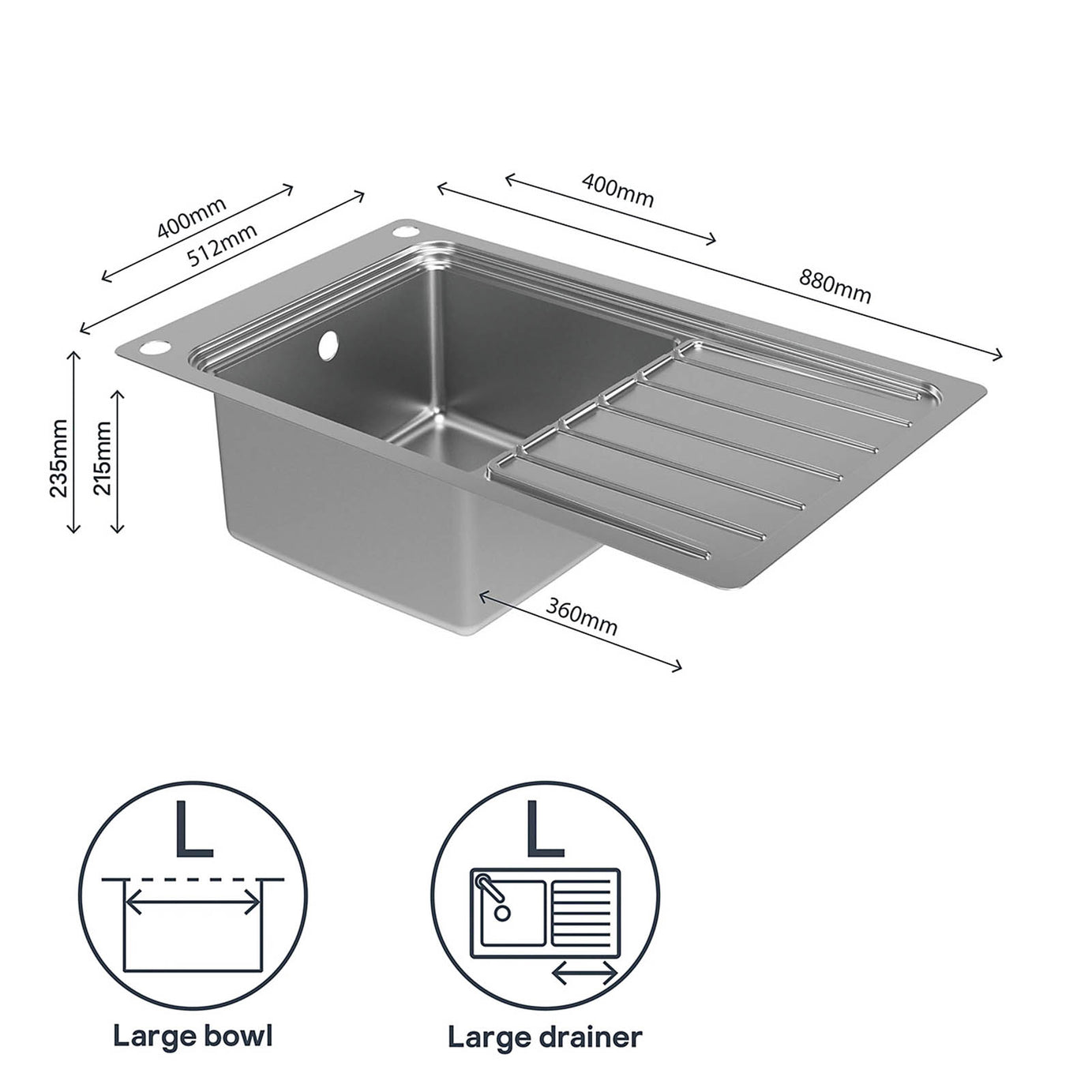 GoodHome Romesco 1 Bowl Stainless Steel Sink Drainer 880x510mm - Image 8