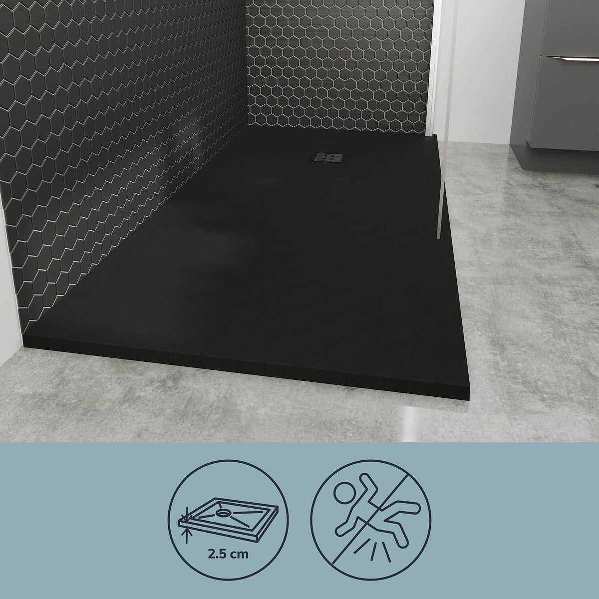 Shower Tray Matt Black 28mm Rectangular Centre Drain 	Antibacterial Bathroom - Image 6
