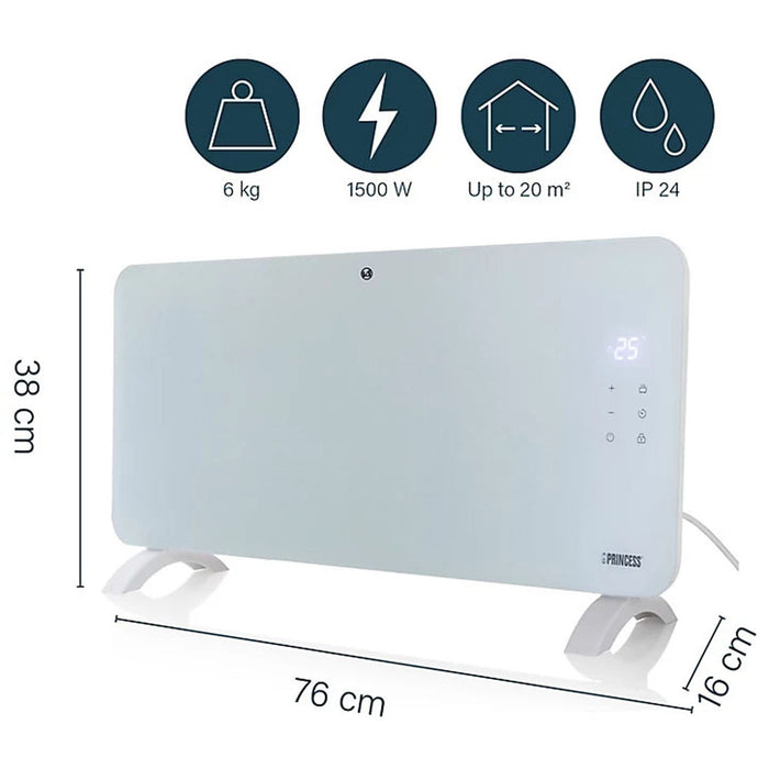 Princess Electric Panel Heater 1500W Smart White Glass Adjustable Thermostat - Image 9
