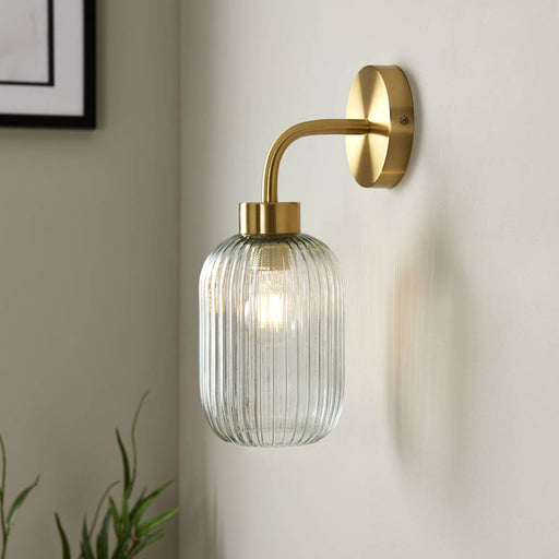 Wall Light Ribbed Glass Shade Steel Brushed Gold Finish Dimmable Vintage - Image 1