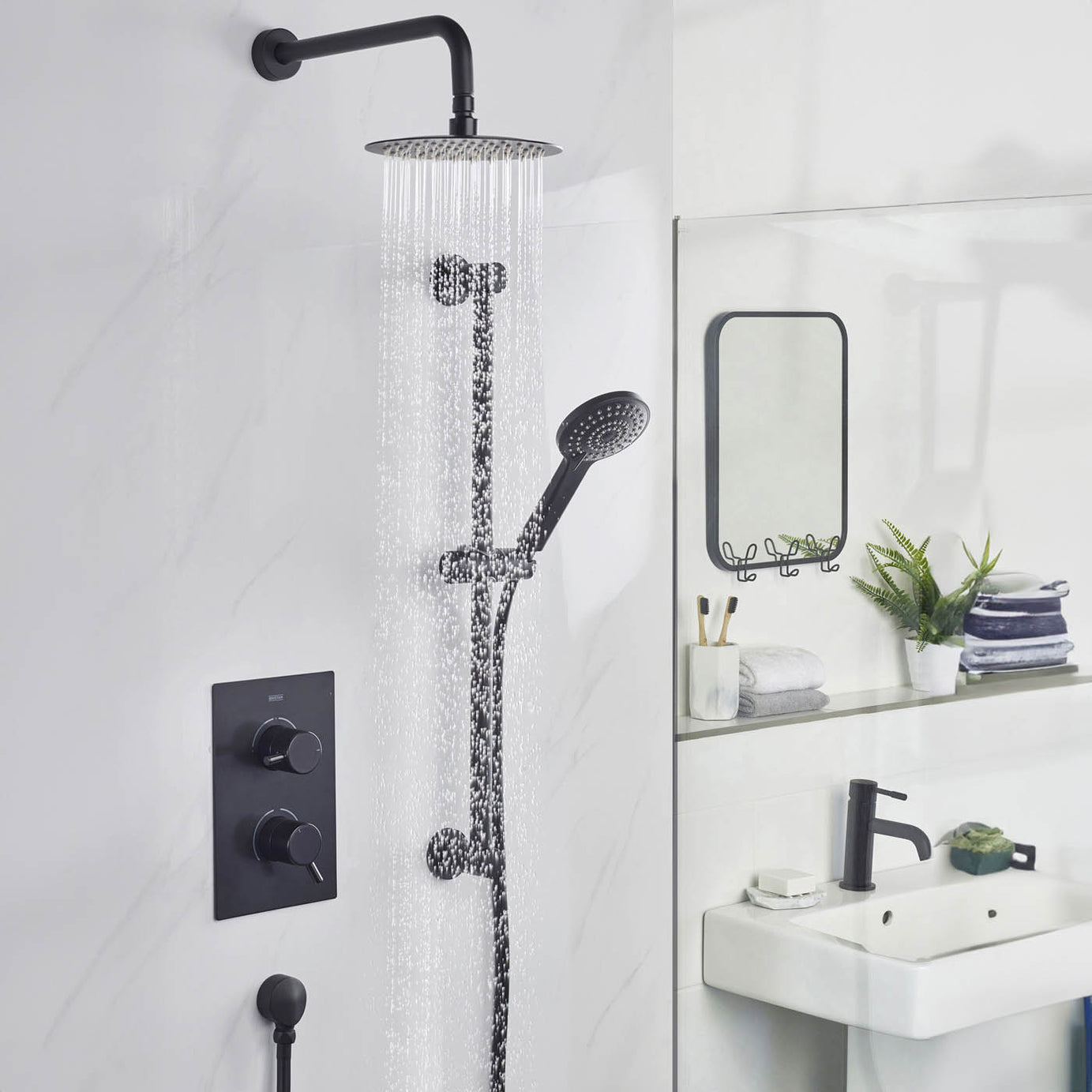 Bristan Thermostatic Mixer Shower Matt Black Recessed Dual Round Head Bathroom - Image 6
