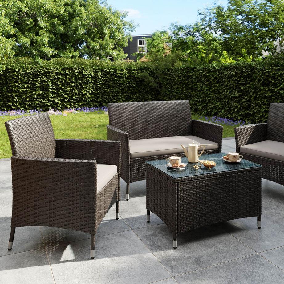 Garden Coffee Set Sofa Table Armchairs 4 Seater Matt Light Black Rattan Effect - Image 1