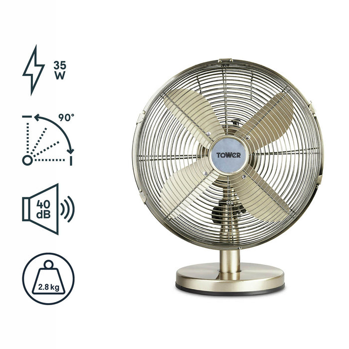 Tower Table Fan 12" Gold Oscillating Powerful Airflow Durable Compact 35W - Image 2
