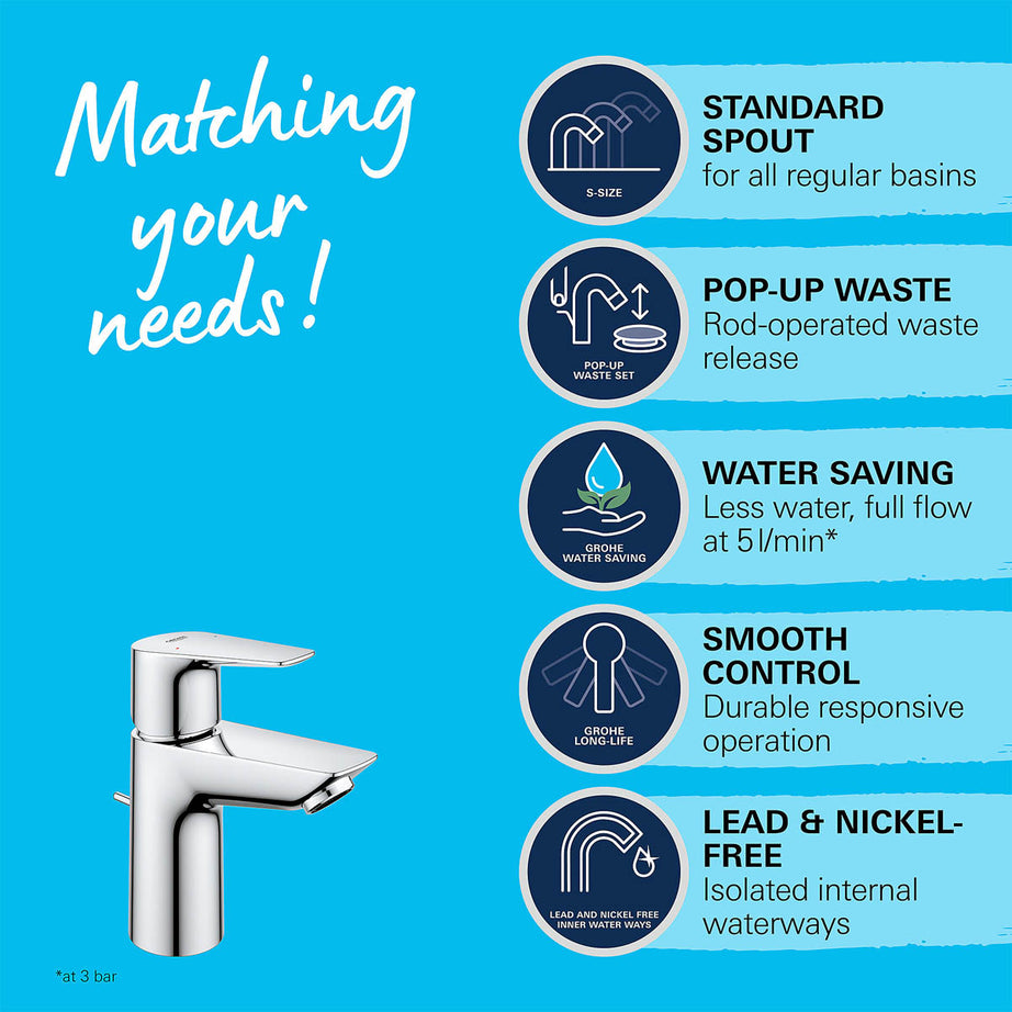 Grohe Bathroom Basin Tap Mono Mixer Chrome Small Single Lever Pop Up Waste - Image 6