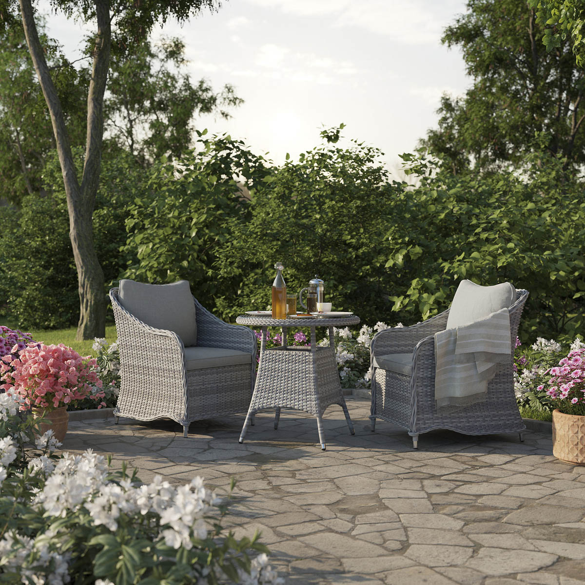 Rattan Effect Dining Set 2 Seater Steeple Grey Stain Water Repellent Cushions - Image 1