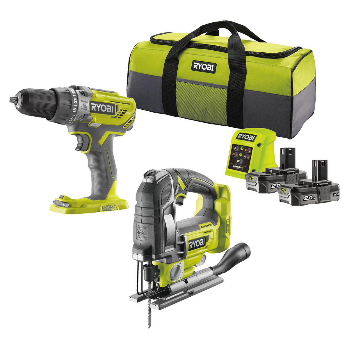 Ryobi Combi Drill Jigsaw Set Cordless 18V 2x2Ah Li-ion RCK182K-220S Compact - Image 1