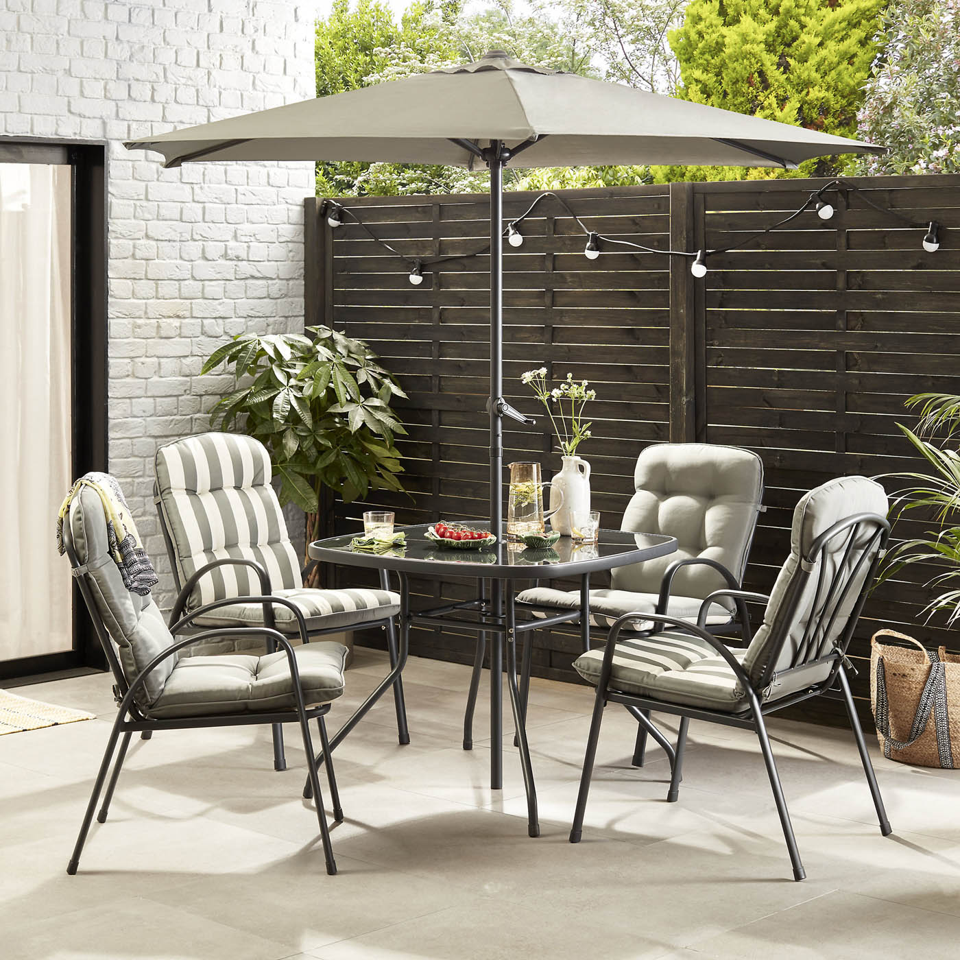 Garden Furniture 4 Seater Dining Set With Table Parasol Metal Outdoor Patio - Image 1