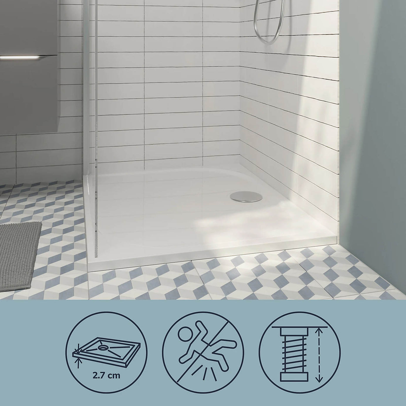 Shower Tray Limski White Rectangular 27mm Centre Drain Anti Slip Flat Modern - Image 8