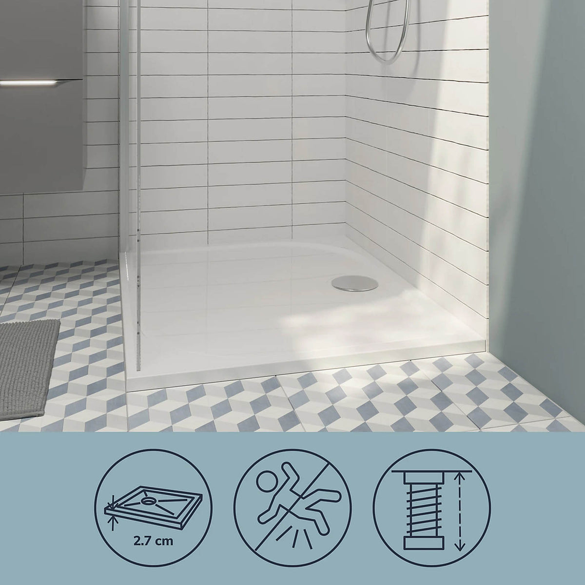 Shower Tray Limski White Rectangular 27mm Centre Drain Anti Slip Flat Modern - Image 8