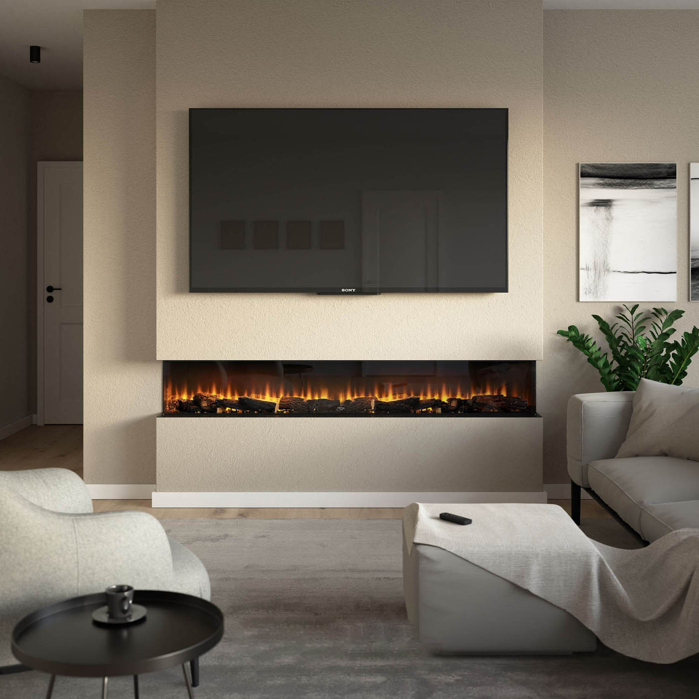 Focal Point Electric Wall Fire 2kW Black Log Effect Fireplace H48.8xW201.5cm - Image 1