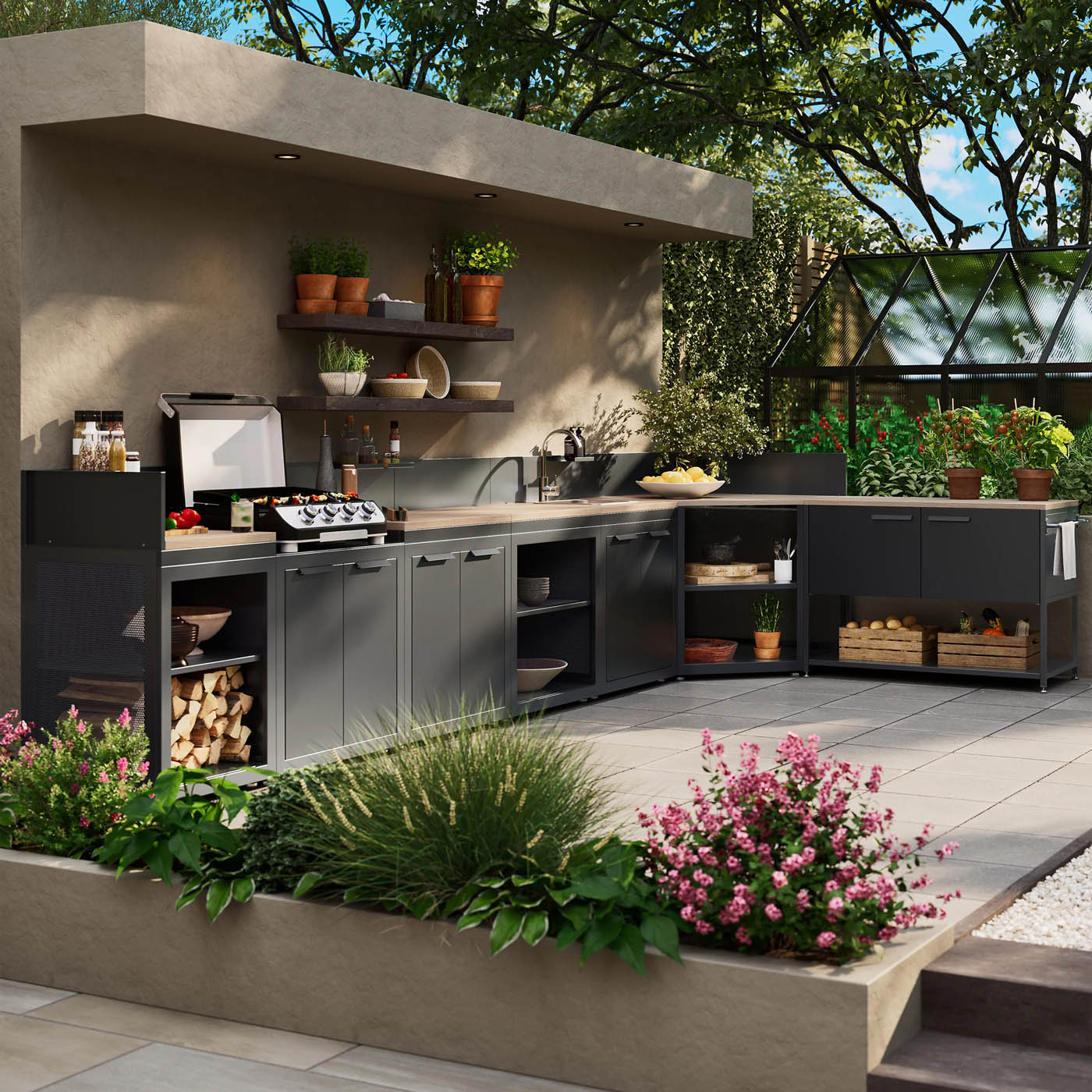 Kitchen Cabinet Unit Powder Coated Grey Corner Steel Wood Effect Outdoor - Image 7