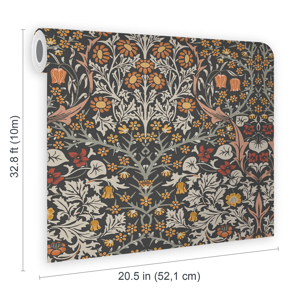 William Morris Wallpaper Charcoal Burnt Orange Blackthorn Smooth 5.2m² - Image 4