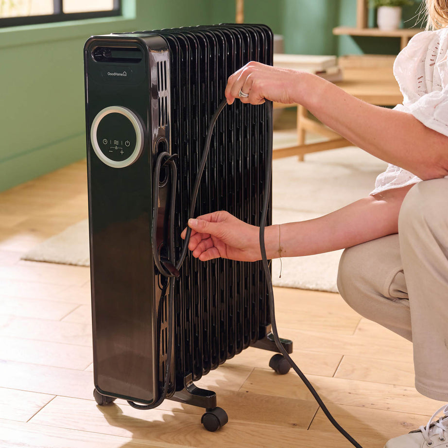 Oil Filled Radiator Portable Black 3 Heat Settings Thermostat Freestanding 2.5W