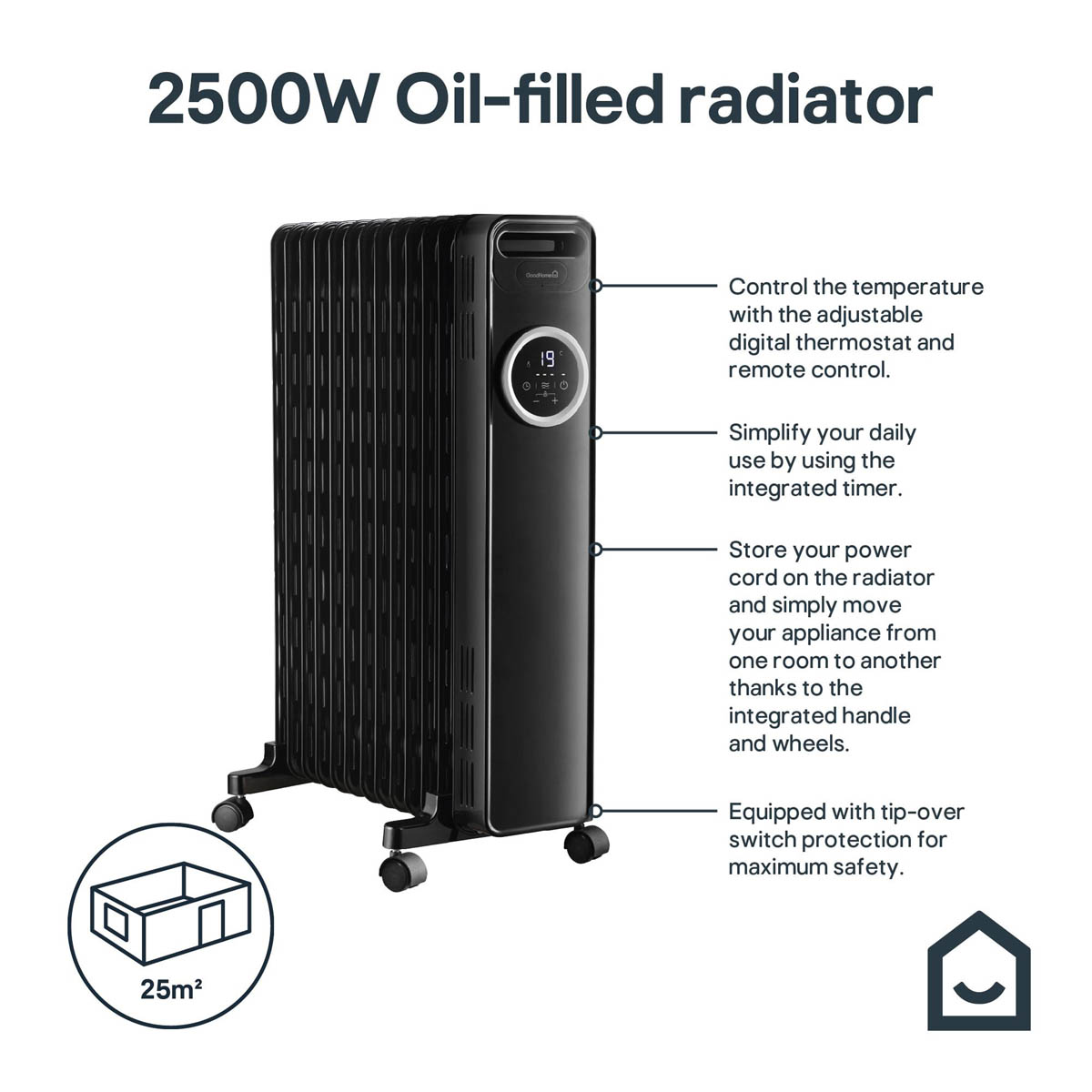 Oil Filled Radiator Portable Black 3 Heat Settings Thermostat Freestanding 2.5W - Image 2