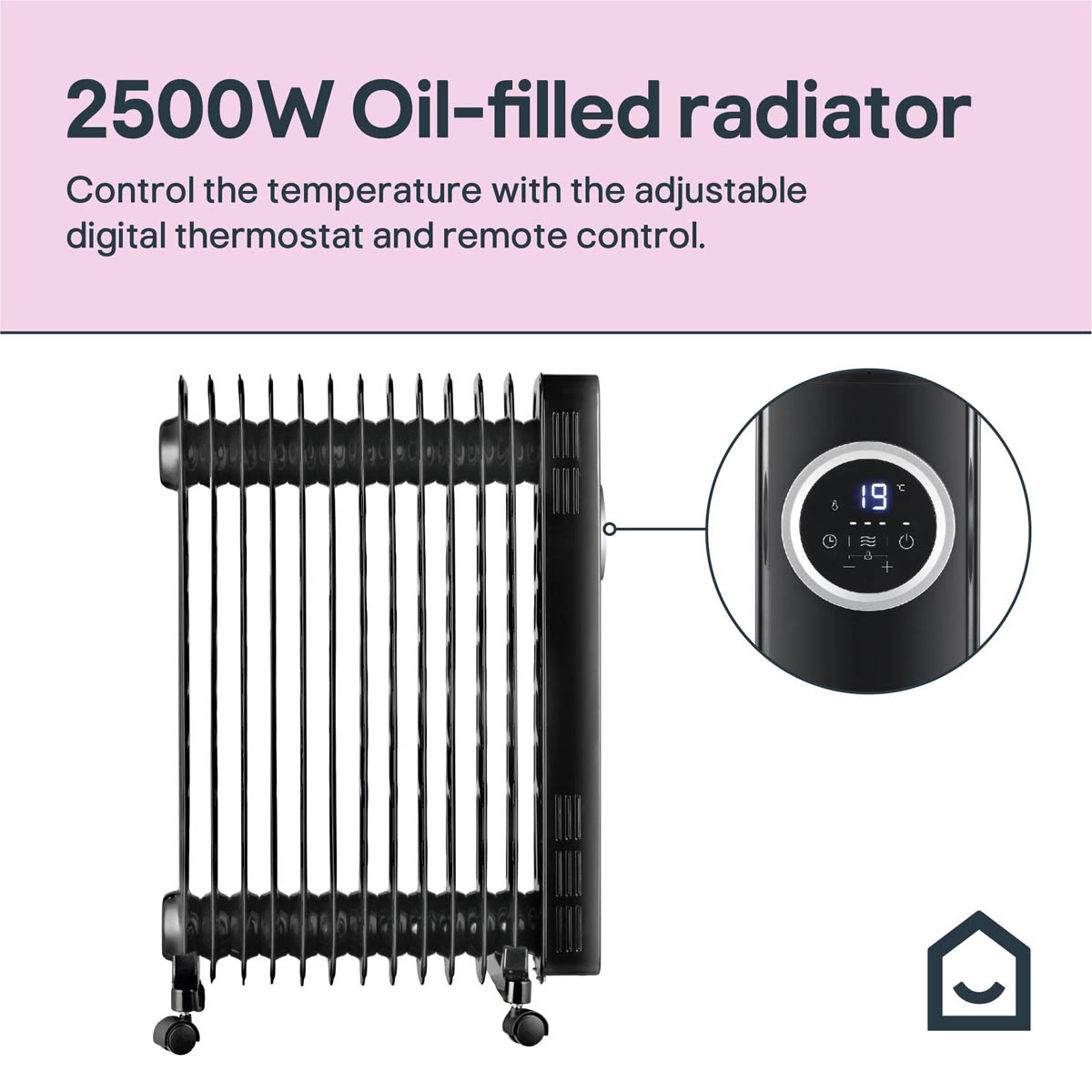 Oil Filled Radiator Portable Black 3 Heat Settings Thermostat Freestanding 2.5W - Image 5