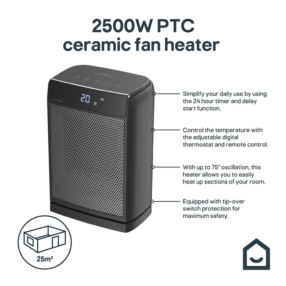 Ceramic Fan Heater PTC Black Compact Digital Touch Remote Control 2000W - Image 2