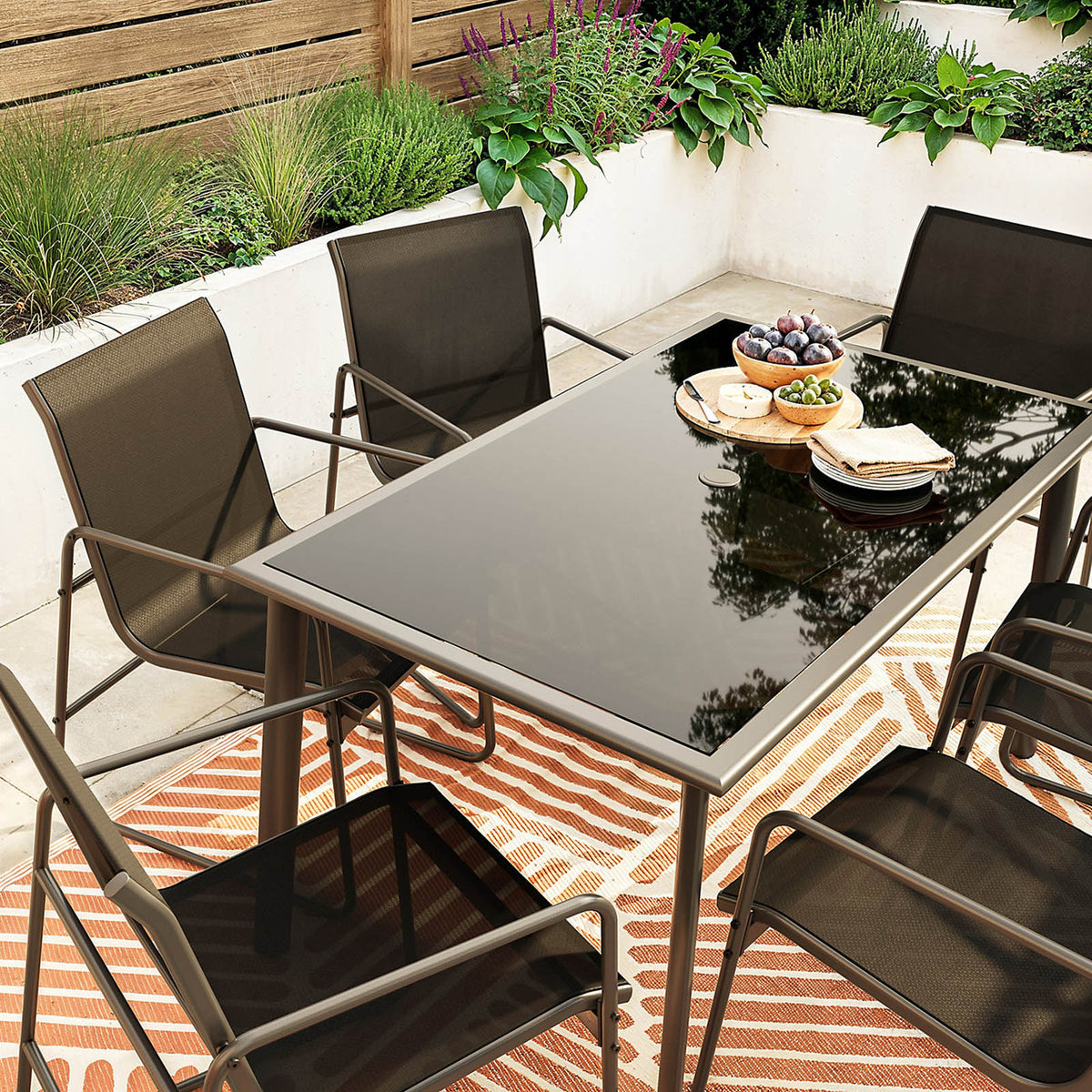 GoodHome Krista 6 Seater Dining Set Black Metal Garden Patio Furniture - Image 5