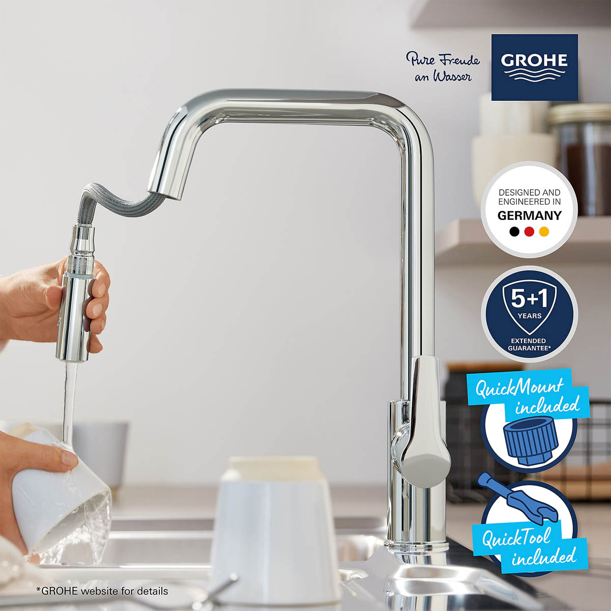Grohe Kitchen Tap Mixer Chrome Pull Out Single Lever Swivel Spout Modern Faucet - Image 4