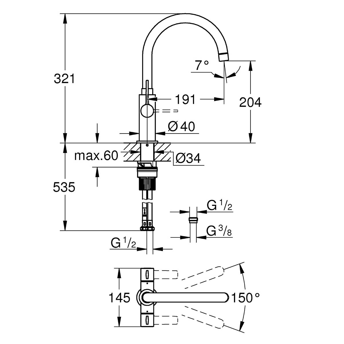 Grohe Kitchen Tap Mixer Matt Black Dual Lever Swivel Spout Contemporary Faucet - Image 3