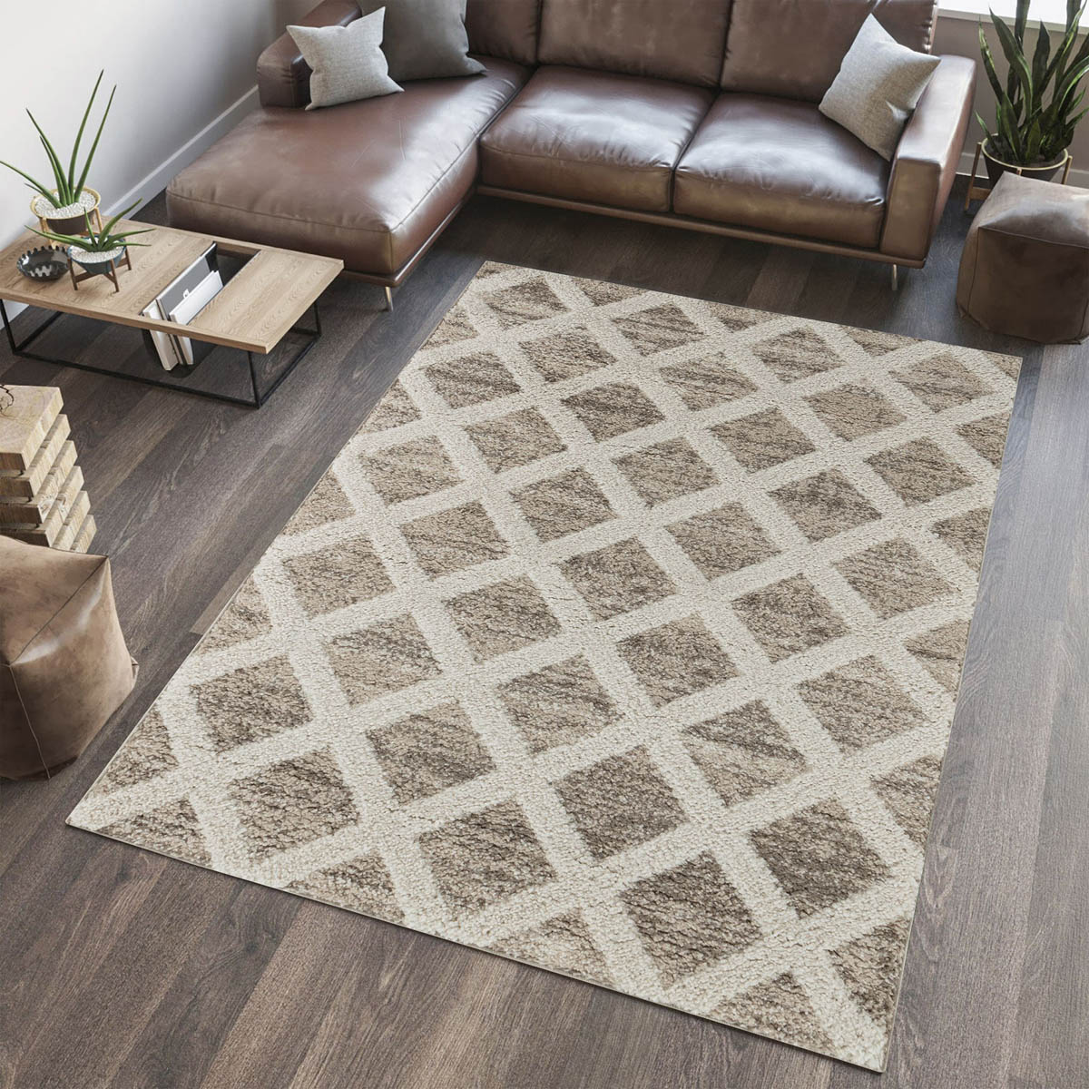 Diamond Rug Shaggy Natural Woven Effect Geo Medium Size (L)170cm x (W)120cm - Image 1