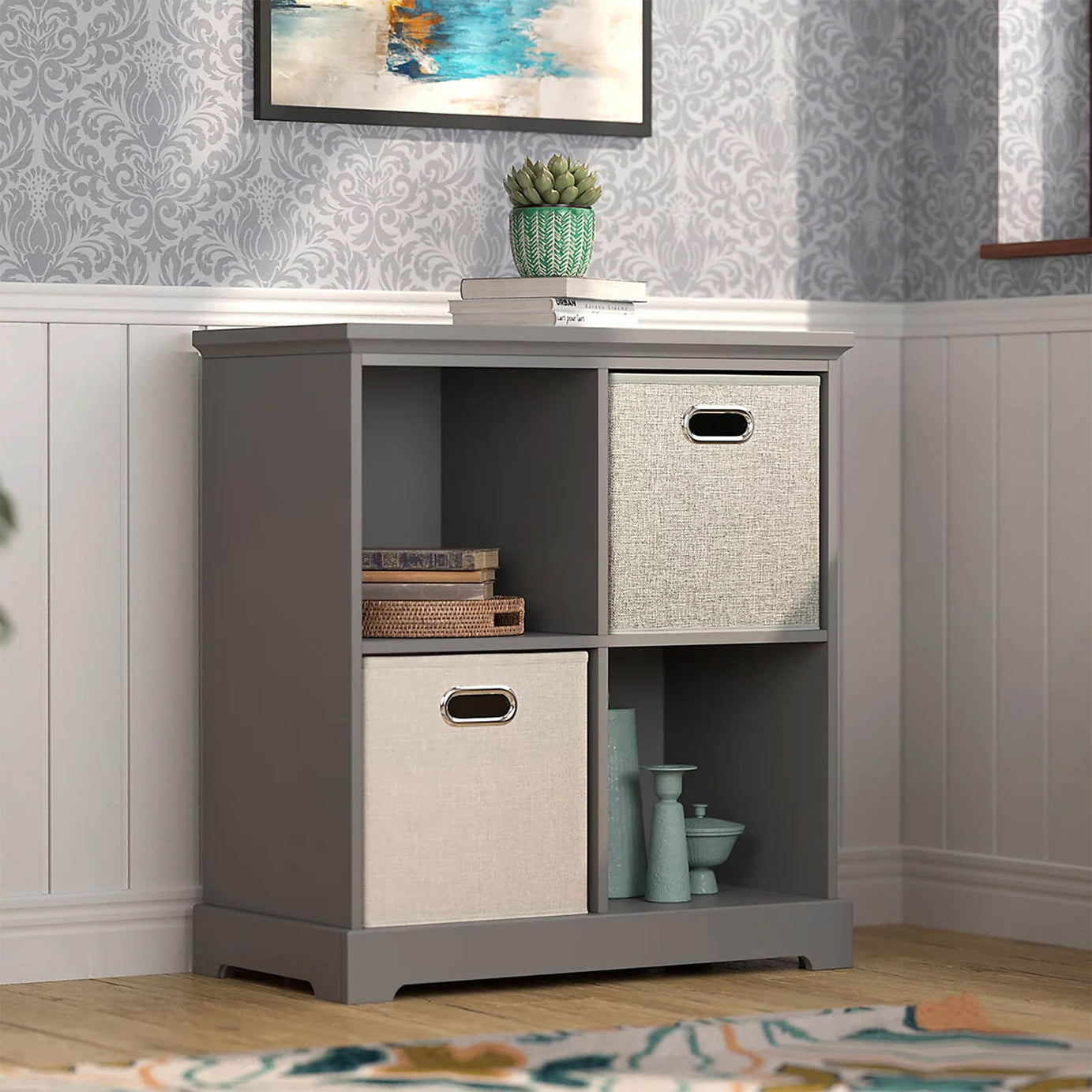 Grey Cube Shelving Unit 4 Shelf Freestanding Storage Bookcase - Image 6