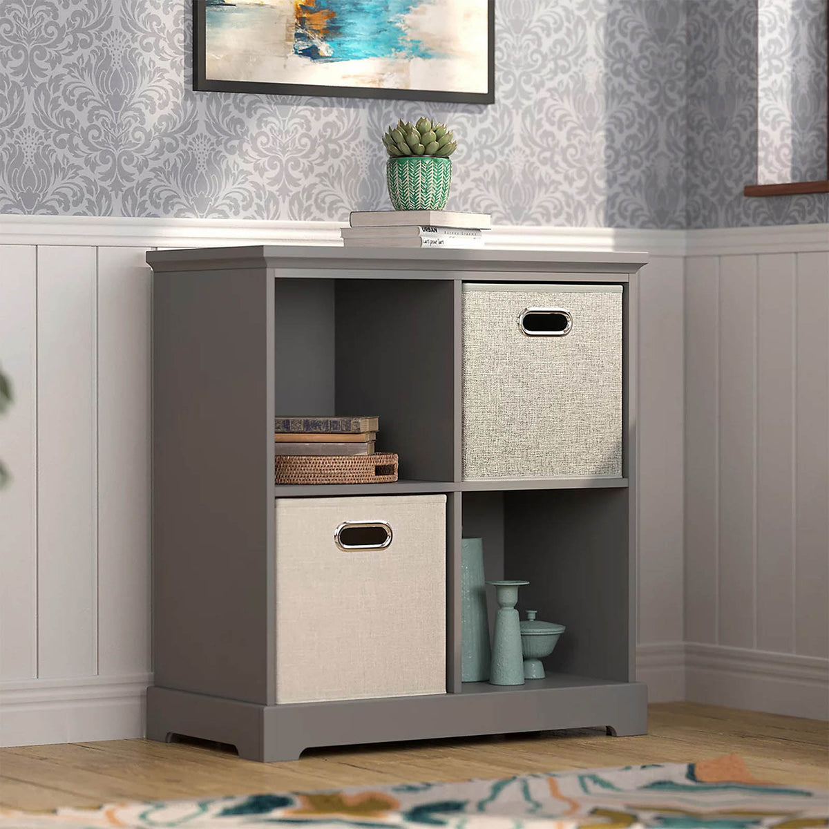 Grey Cube Shelving Unit 4 Shelf Freestanding Storage Bookcase - Image 6
