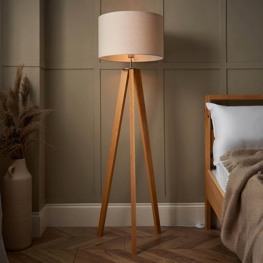 Inlight LED Floor Lamp Tripod Matt Natural Wood Effect Drum Shade Modern 153.5cm - Image 2