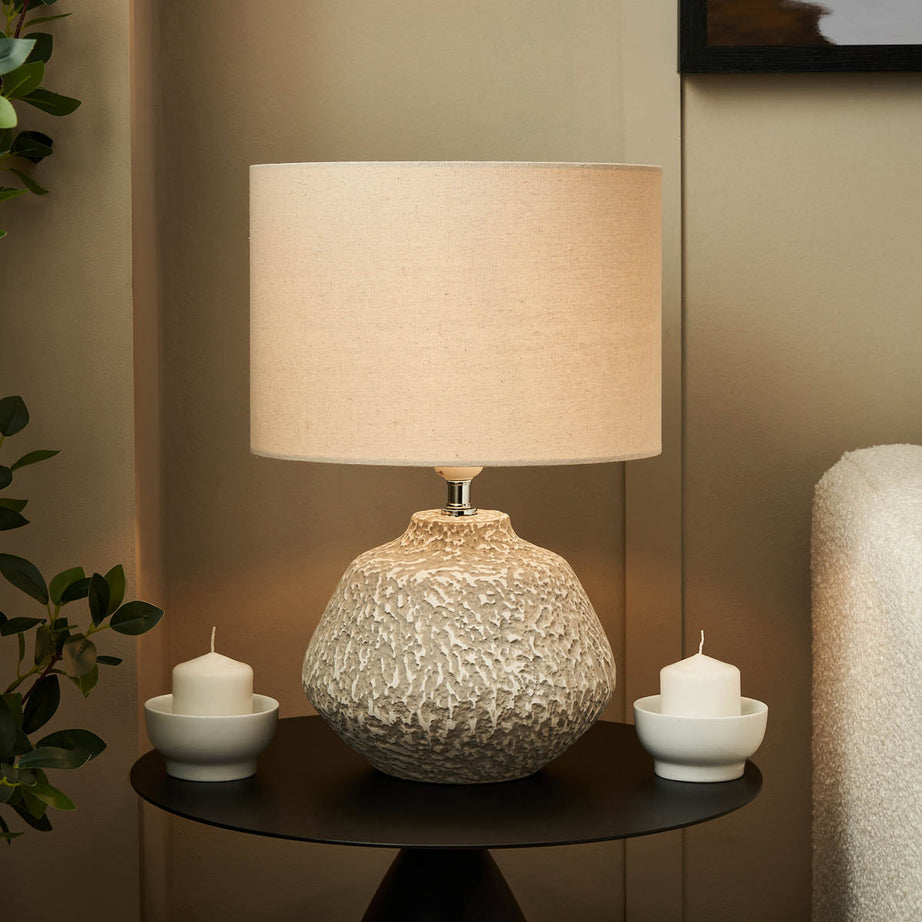 Table Lamp Round Ceramic Sandy Matt Natural Fabric Contemporary (H)40 (Dia)29cm - Image 1