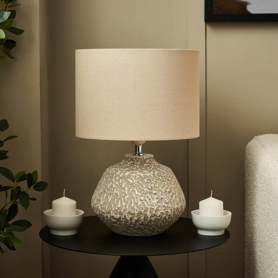 Table Lamp Round Ceramic Sandy Matt Natural Fabric Contemporary (H)40 (Dia)29cm - Image 3