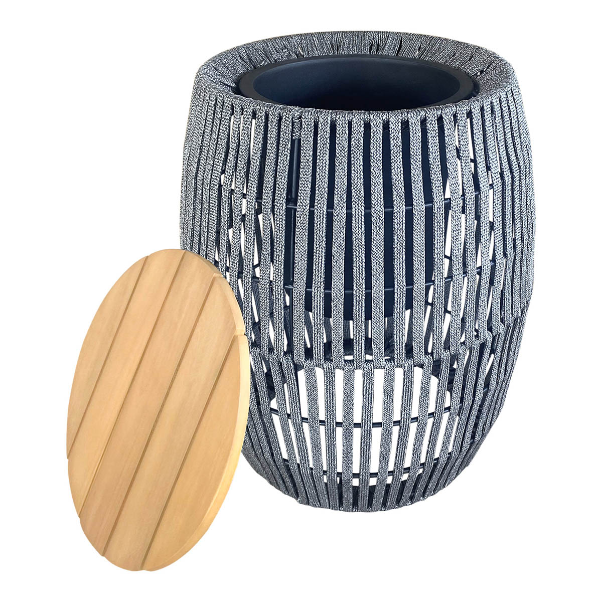 Outdoor Side Table Round Dark Grey Wood Steel Rope Rust Resistant Modern - Image 4