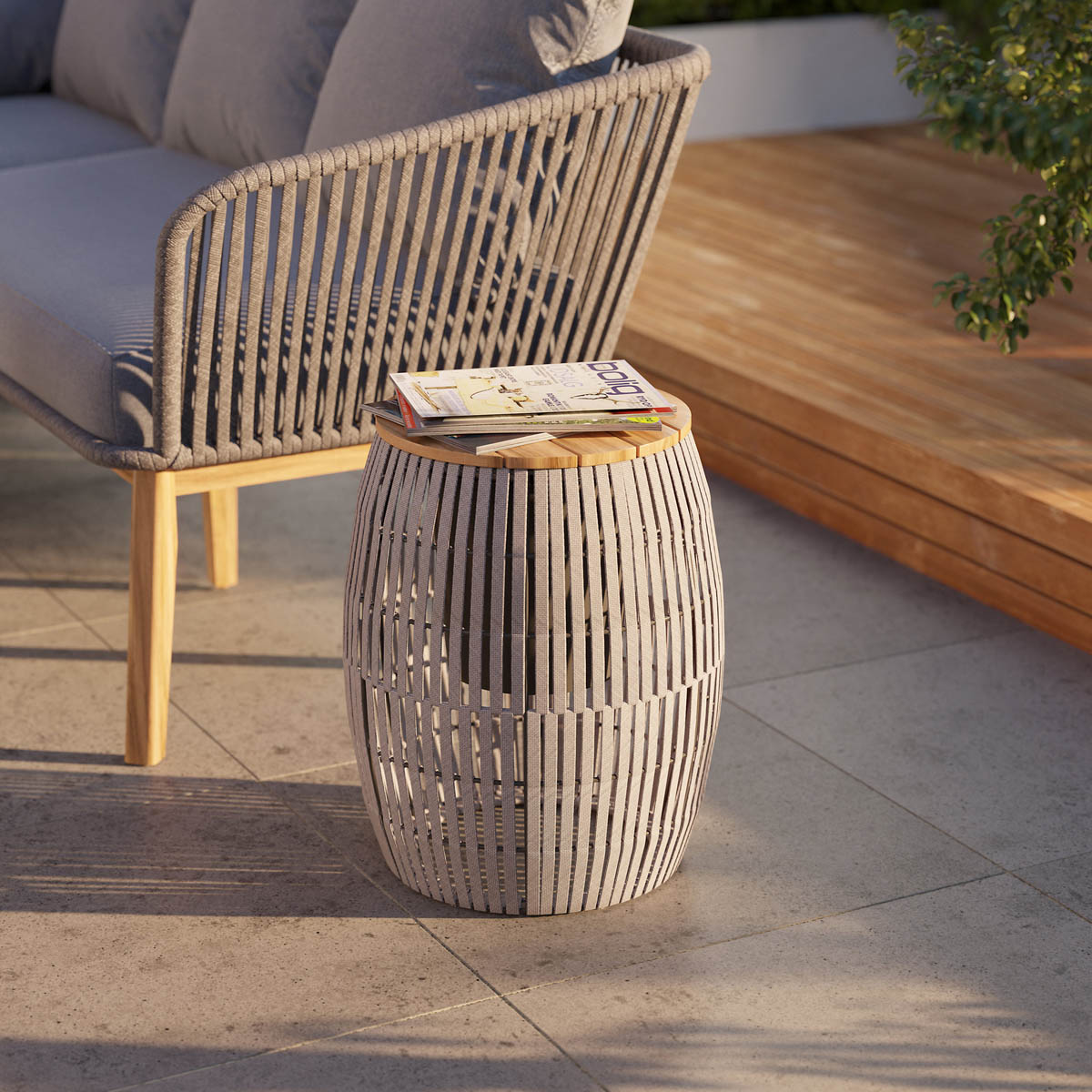 Outdoor Side Table Round Dark Grey Wood Steel Rope Rust Resistant Modern - Image 5