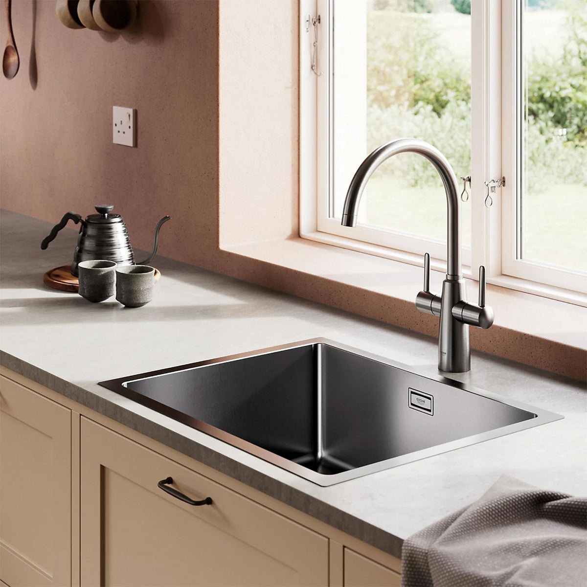 Grohe Kitchen Mixer Tap Brass Matt Anthracite Dual Lever Swivel Spot Modern - Image 3