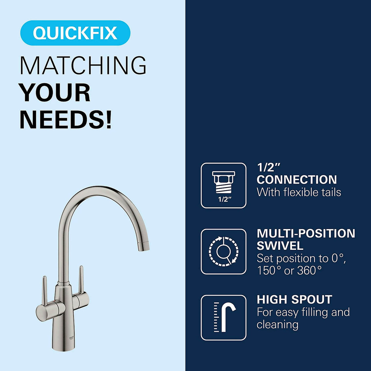 Grohe Ambi Kitchen Tap Dual Lever Mixer Matt Supersteel Finish - Image 10