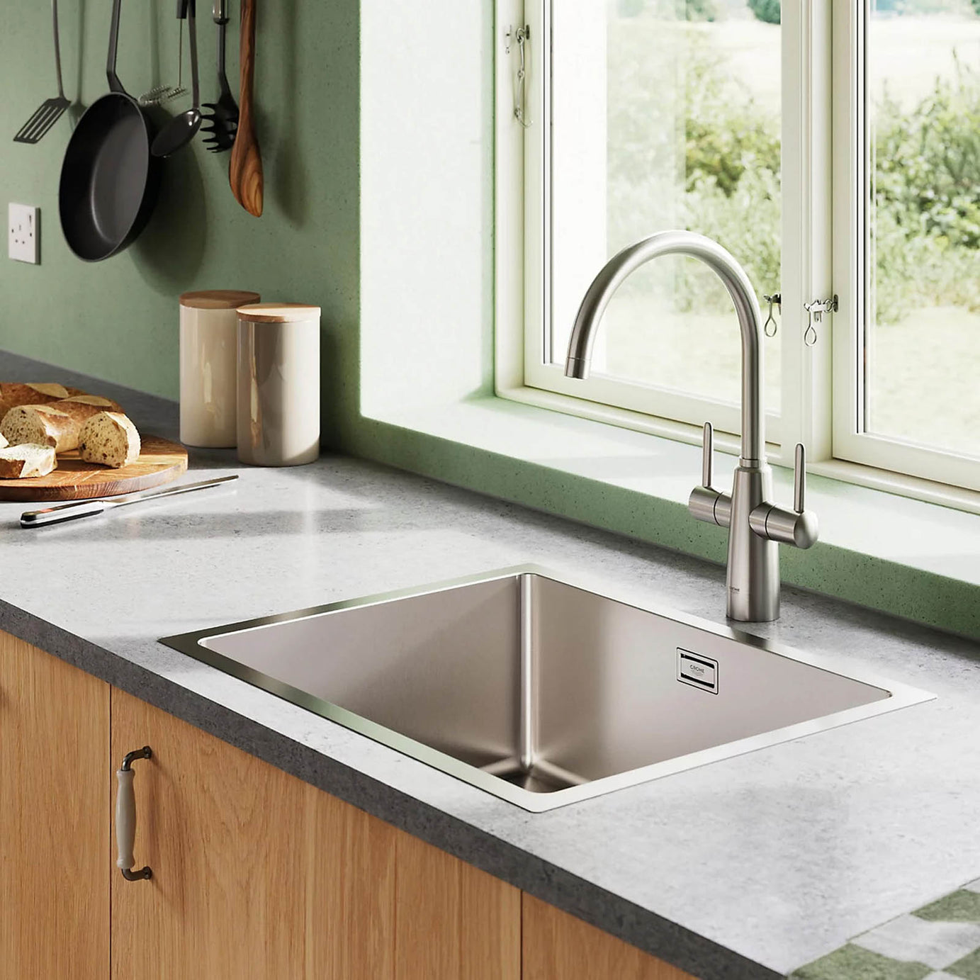 Grohe Ambi Kitchen Tap Dual Lever Mixer Matt Supersteel Finish - Image 3