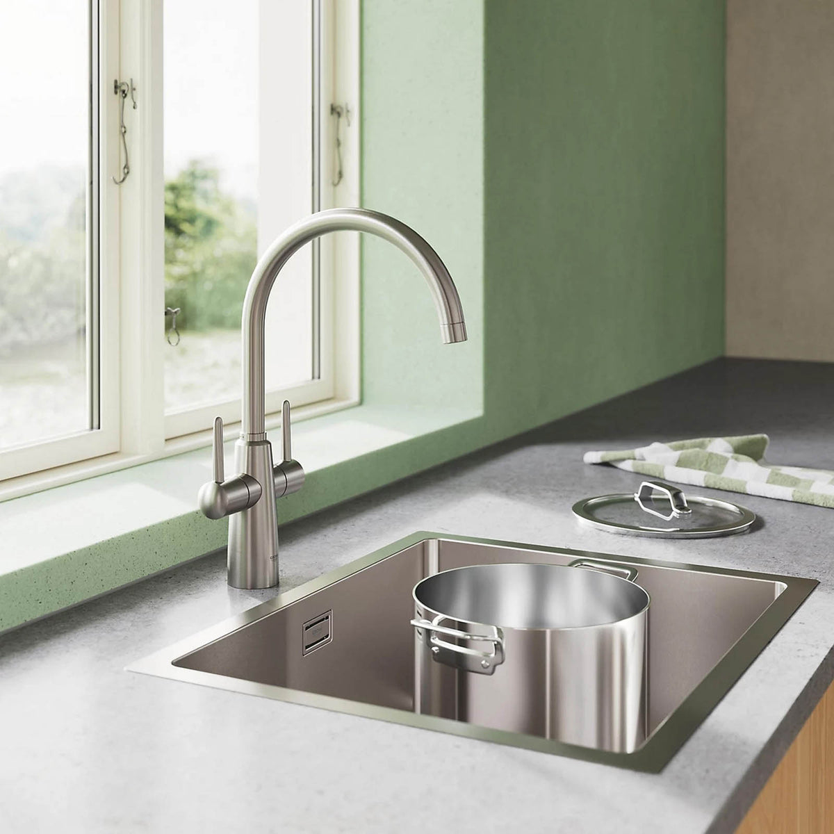 Grohe Ambi Kitchen Tap Dual Lever Mixer Matt Supersteel Finish - Image 4