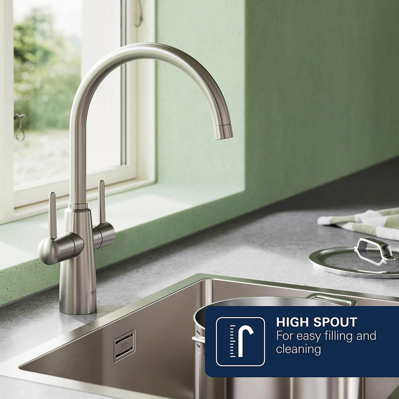 Grohe Ambi Kitchen Tap Dual Lever Mixer Matt Supersteel Finish - Image 7