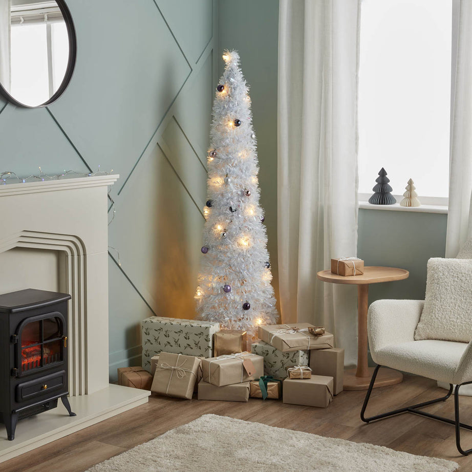 894 Christmas Tree 6ft White Slim Artificial LED Pre Lit 40 Warm White - Image 1
