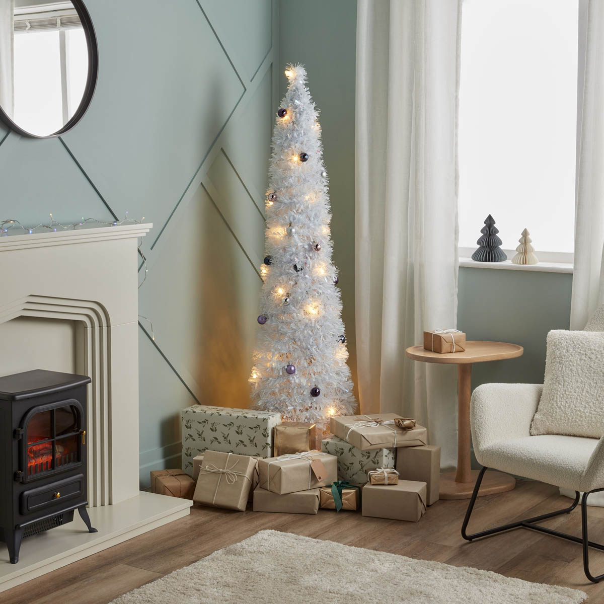 Christmas Tree 6ft White Slim Artificial LED Pre Lit 40 Warm White - Image 1