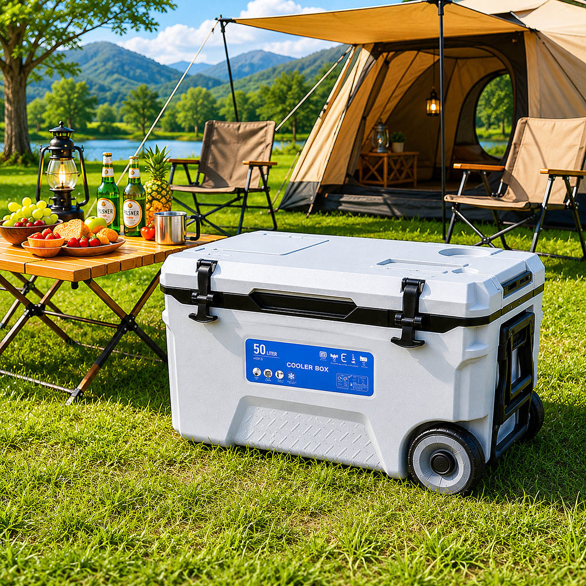 Camping Ice Cooler Box 50L Grey Plastic Portable Picnic Lunch Camping Wheeled - Image 2