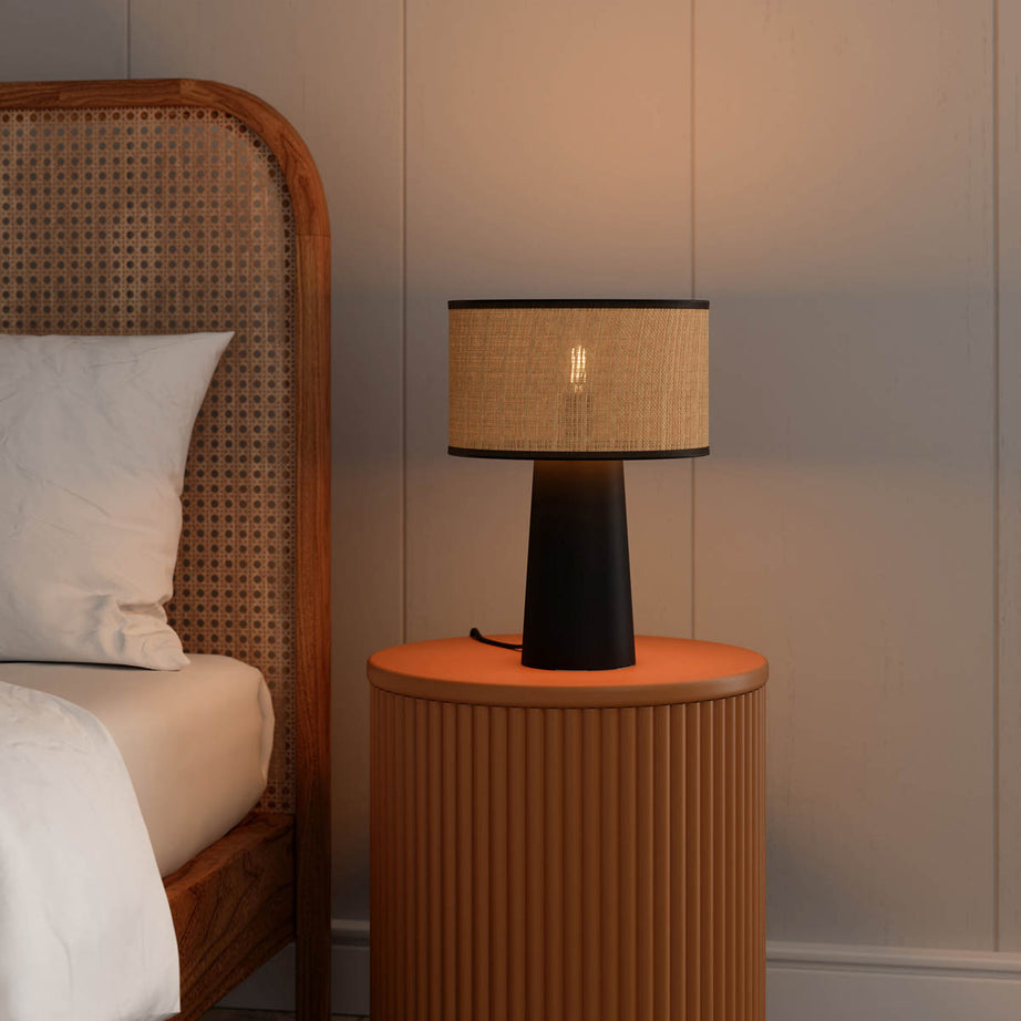 Table Lamp Matt Natural Black Metal Raffia Bedside Light Living Room Modern - Image 4