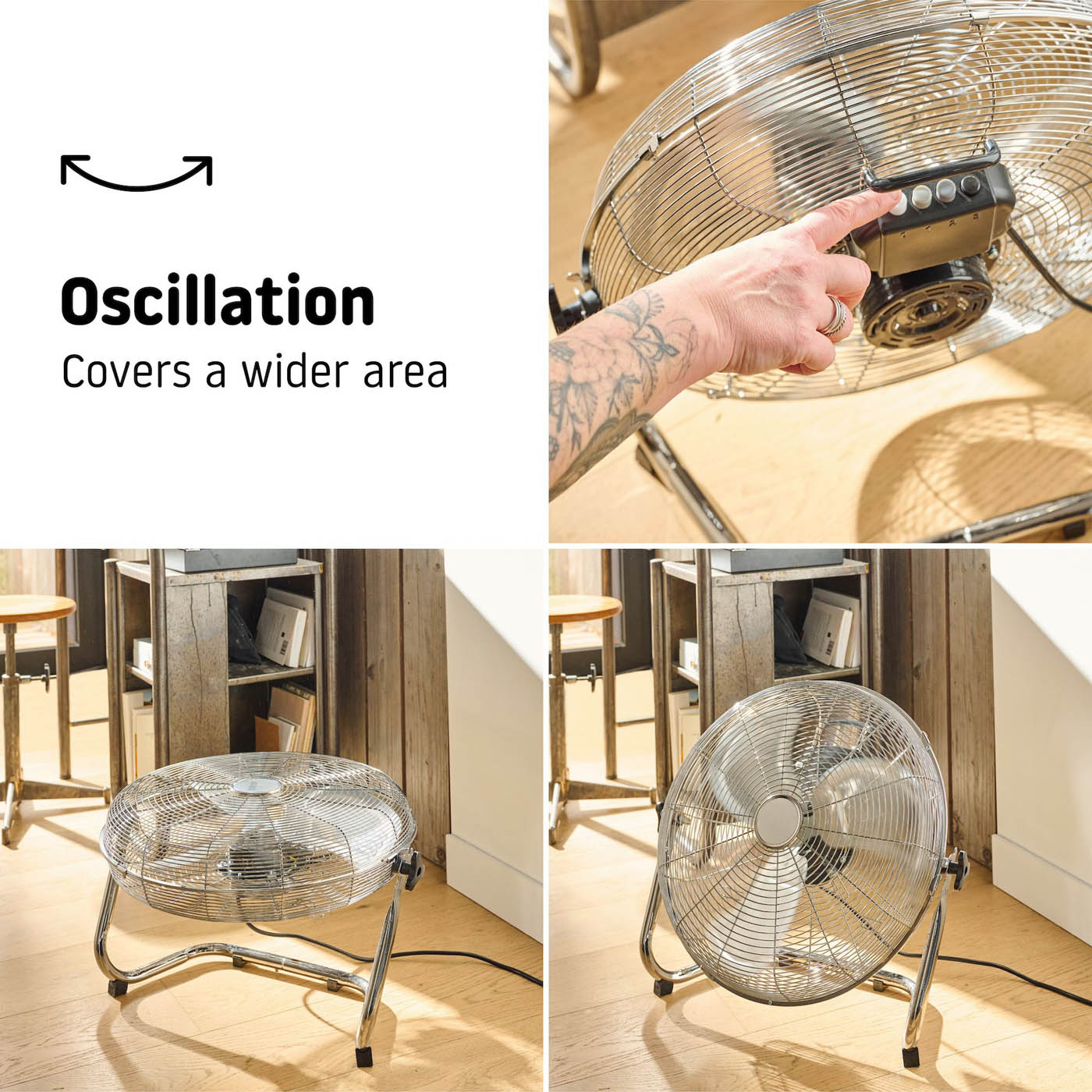 Tilt Industrial Fan 18" Metal Chrome 120W 3-speed 138° Powerful Airflow - Image 5