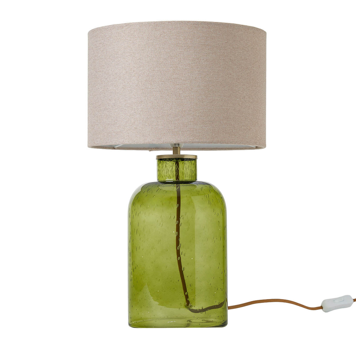 Inlight Table Lamp Round Green Glass Base Neutral Fabric Shade Contemporary - Image 1