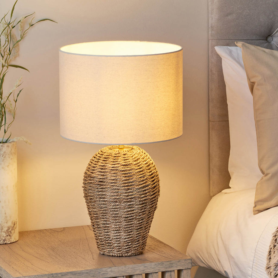 Arnbeck Table Lamp Natural Rattan Effect Fabric Drum Shade Modern Bedroom - Image 2