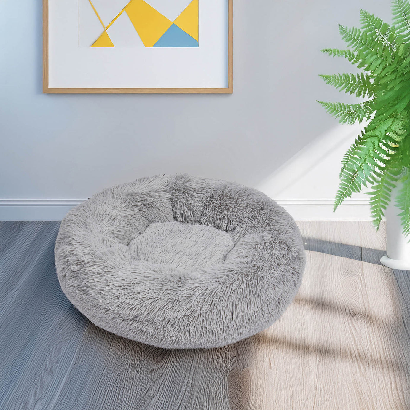 Zoon Calming Dog Bed Shaggy Grey Fabric Donut Shaped Extra Large (W)80cm (D)80cm - Image 2