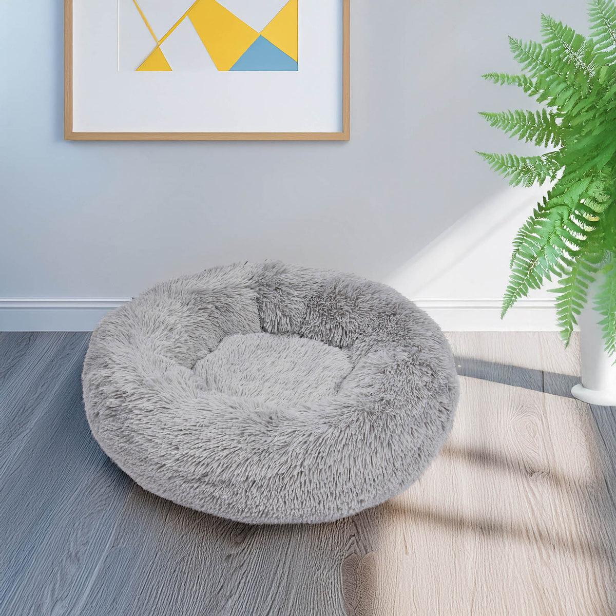 Zoon Calming Dog Bed Shaggy Grey Fabric Donut Shaped Extra Large (W)80cm (D)80cm - Image 2