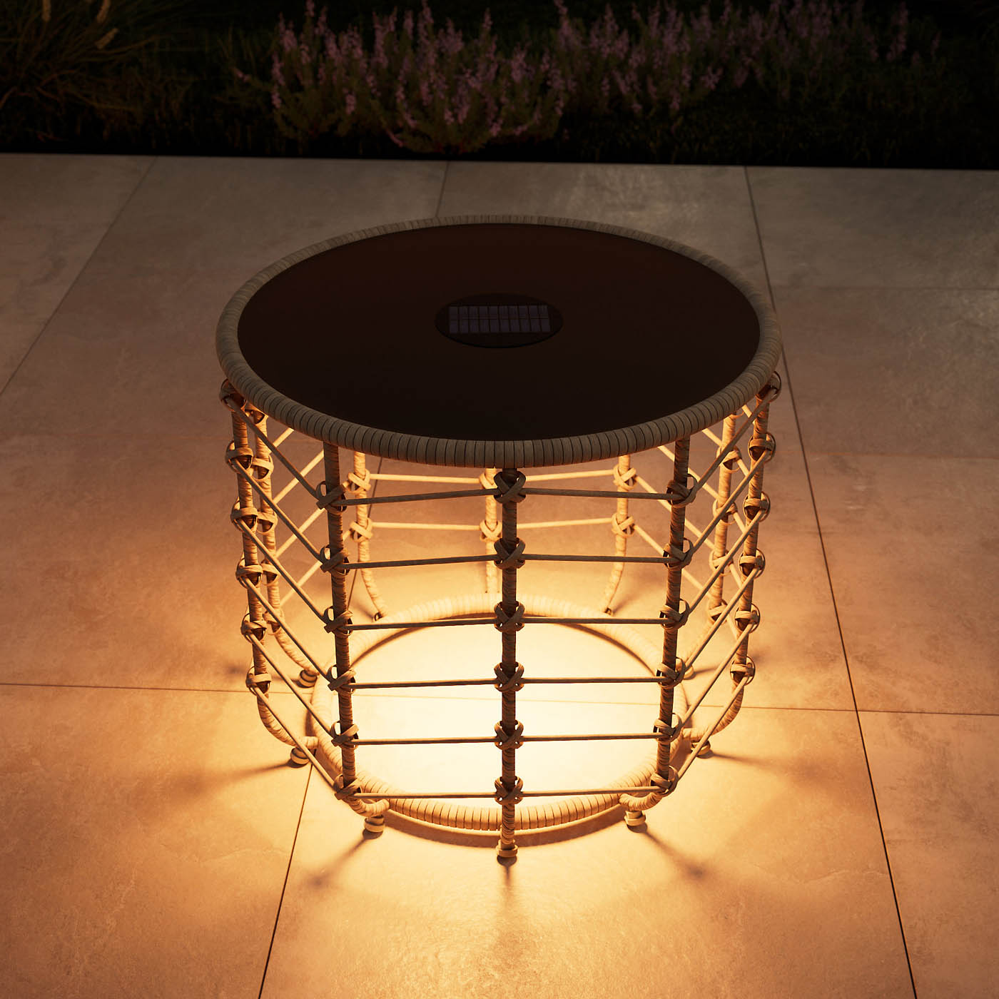 Omalos Garden Side Table Rattan Effect Beige Round Solar-Powered Outdoor - Image 2