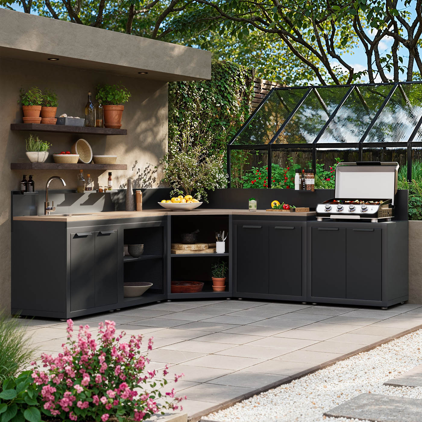 GoodHome Cucino Powder-coated Grey Open Steel Wood effect Outdoor kitchen cabinet unit - Image 8
